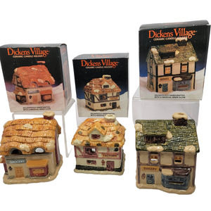 Dickens Village Ceramic 3 Tealight Candle Holders Bakery - Grocery - Factory